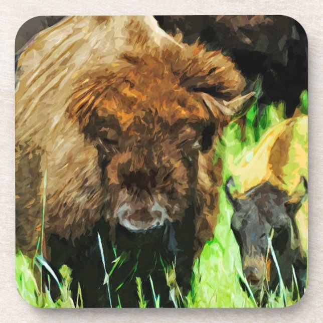 Wild American Bison With Calf Abstract Coaster (Front)