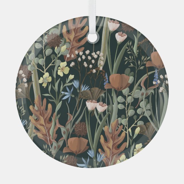 Wild and Dried Flowers Pattern. Glass Tree Decoration (Front)