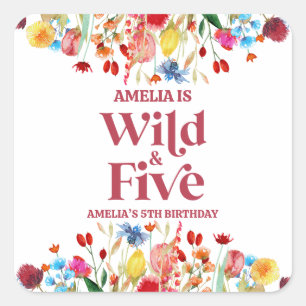 Wild and Five Wildflower 5th Fifth Birthday Party Square Sticker