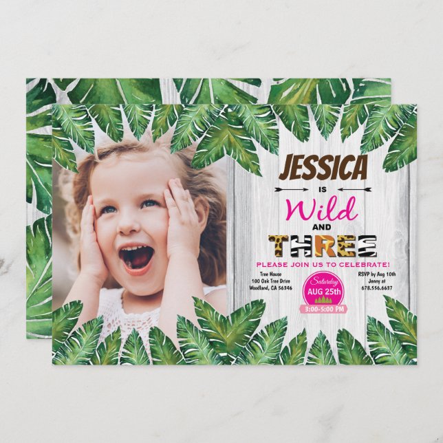 Wild and free 3rd birthday party photo invitation (Front/Back)