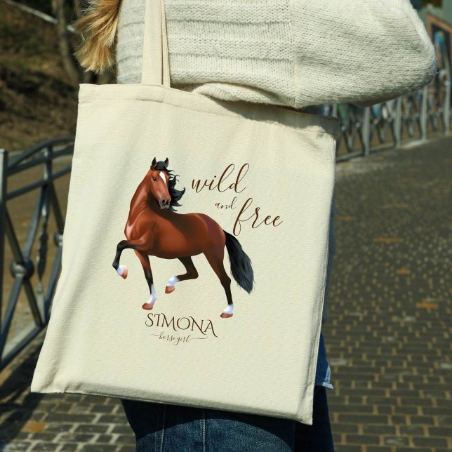 Wild and free brown hackney horse girls party gift tote bag (Hackney horse wild and free personalized name tote bag, horse lovers gifts horse party favors)