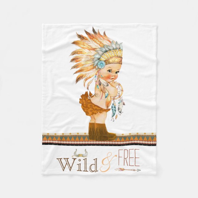 Wild and Free Girls Tribal Baby Fleece Blanket (Front)