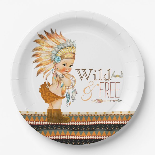 Wild and Free Girls Tribal Baby Shower Paper Plate (Front)