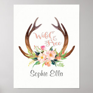 Wild and Free Watercolor Deer Antler and Flower Poster
