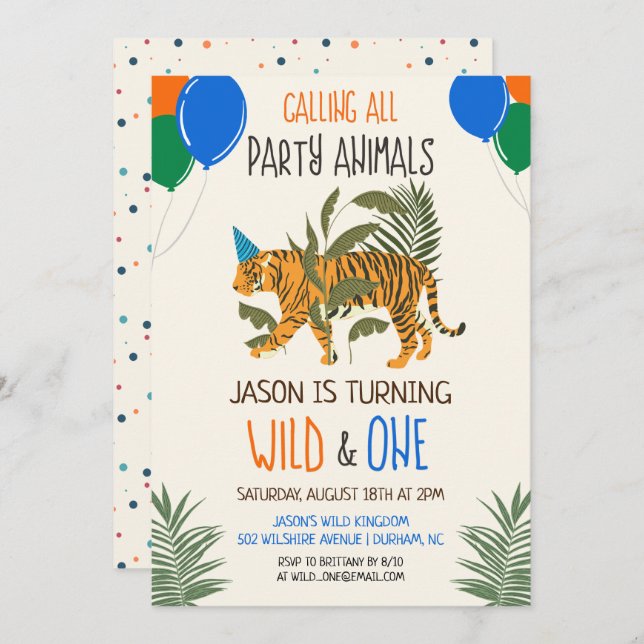 Wild and One Jungle Zoo Birthday Invitation Boy (Front/Back)