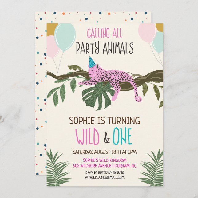 Wild and One Jungle Zoo Birthday Invitation Girl (Front/Back)