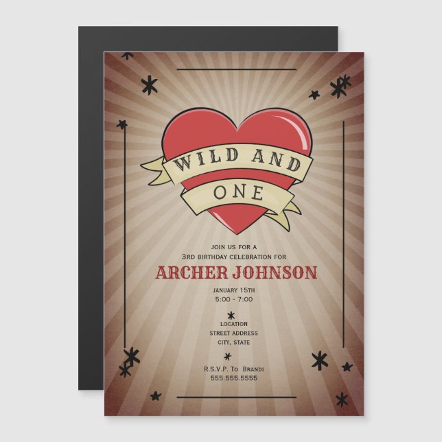 Wild and One Tattoo Third Birthday Magnetic Invitation (Front/Back)