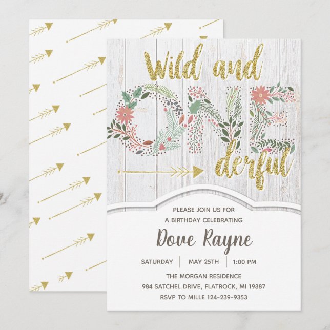 Wild and Onederful, First Birthday, Girl, Floral Invitation (Front/Back)