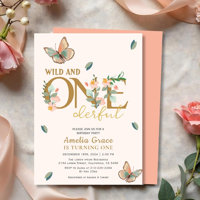 Wild and onederful peach floral 1st birthday  invitation (Creator Uploaded)