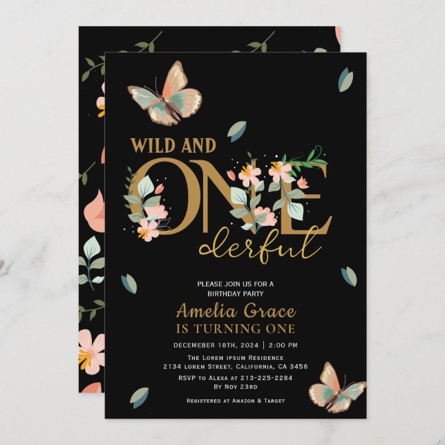 Wild and onederful peach floral 1st birthday  invitation (Front/Back)