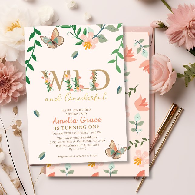 Wild and onederful peach floral girl 1st birthday  invitation (Creator Uploaded)