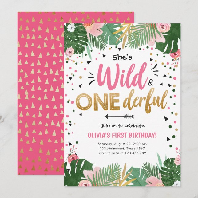 Wild and Onederful Safari Wild One Girl Birthday Invitation (Front/Back)