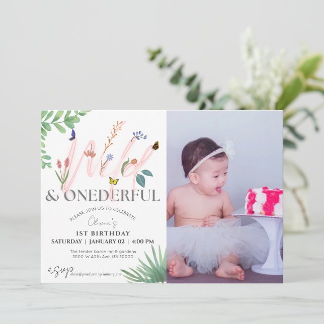 Wild and Onederful wildflower photo 1st birthday  Invitation (Standing Front)