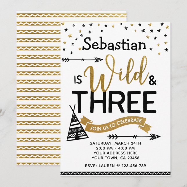 Wild and Three Birthday Invitation (Front/Back)