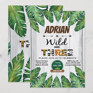 Wild and Three birthday invitation. Boy jungle Invitation