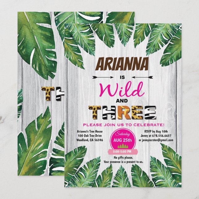 Wild and Three birthday invitation. Girl jungle Invitation (Front/Back)