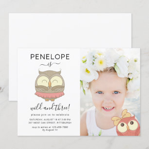 Wild and Three Cute Owls Photo Birthday Party Invitation