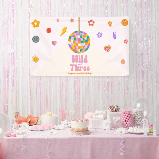Wild and Three Disco Ball 3rd Birthday Party Banner (Party)