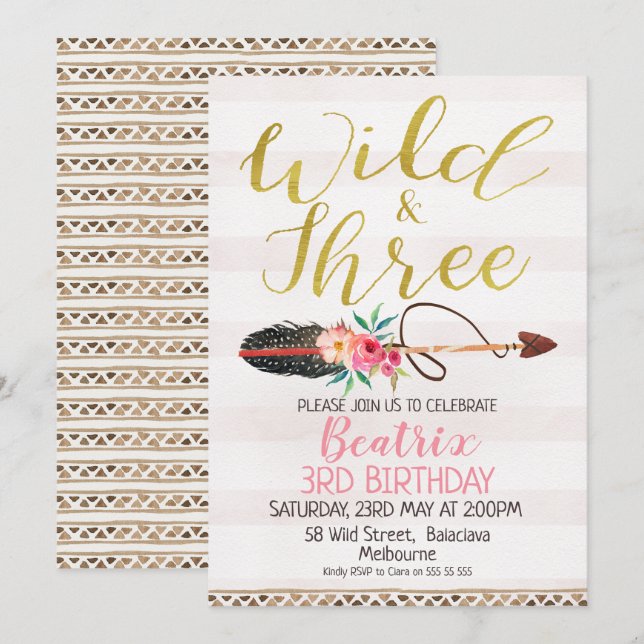 Wild And Three Girls 3rd Birthday Invitation (Front/Back)
