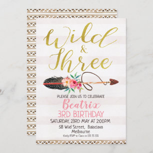 Wild And Three Girls 3rd Birthday Invitation