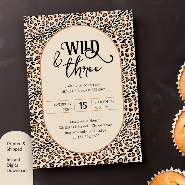 Wild and Three Leopard Print Neutral 3rd Birthday Invitation (Wild and Free 3rd Birthday Invitation with leopard print)