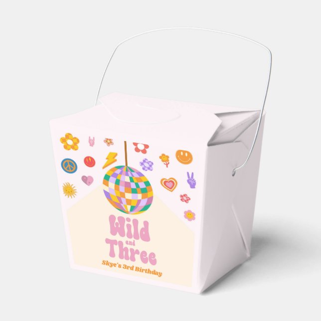 Wild and Three Retro Disco Ball 3rd Birthday Party Favour Box (Front Side)
