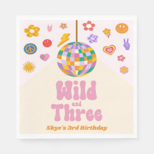 Wild and Three Retro Disco Ball 3rd Birthday Party Napkin