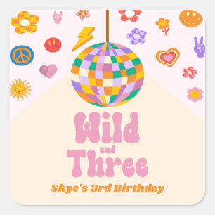 Wild and Three Retro Disco Ball 3rd Birthday Party Square Sticker