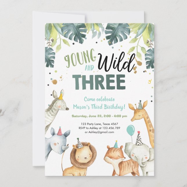Wild and Three Safari Animals Birthday Invitation (Front)