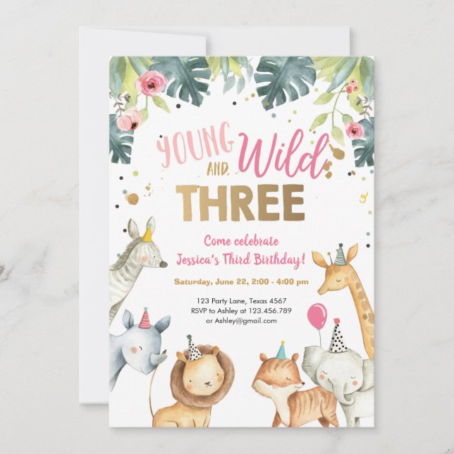 Wild and Three Safari Animals Birthday Invitation (Front)