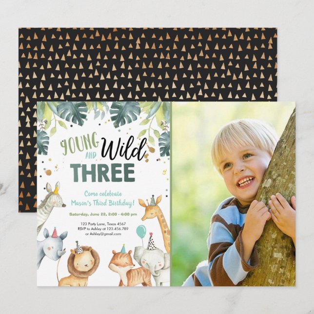 Wild and Three Safari Animals Birthday Invitation (Front/Back)
