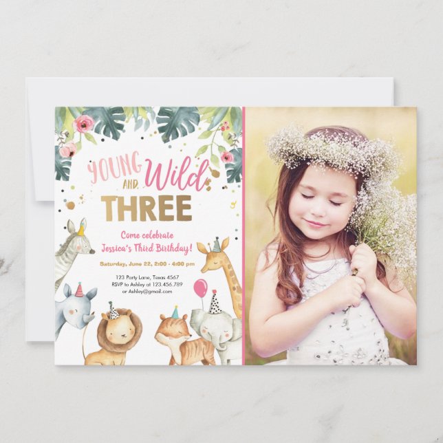 Wild and Three Safari Animals Birthday Invitation (Front)