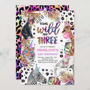 Wild And Three Safari Rainbow Cheetah 3rd Birthday Invitation