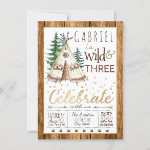 Wild and Three Tribal TeePee Third 3rd Birthday Invitation