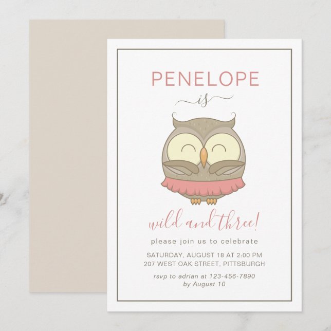 Wild and Three Whimsical Owl Birthday Party Invitation (Front/Back)