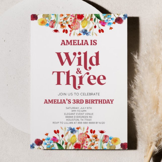 Wild and Three Wildflower Third 3rd Birthday Party Invitation (Creator Uploaded)