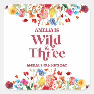 Wild and Three Wildflower Third 3rd Birthday Party Square Sticker