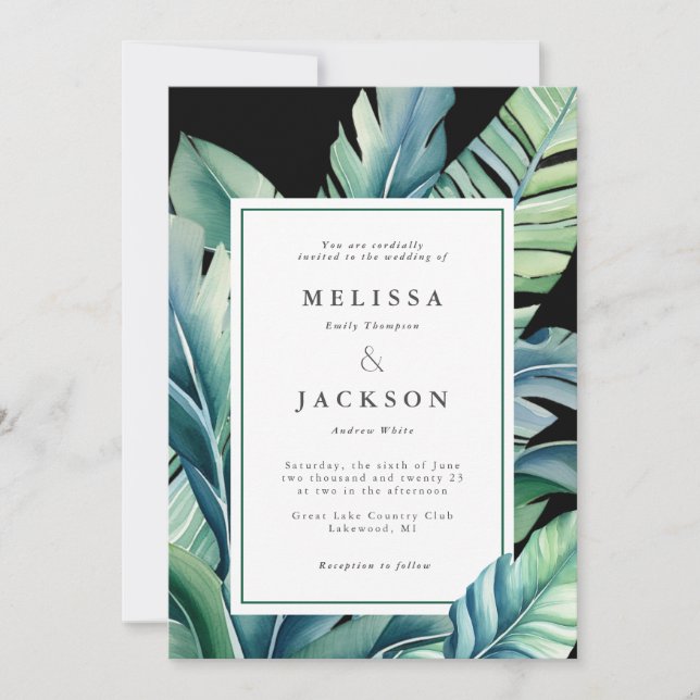 Wild and Tropical Leaves Exotic Foliage Dark Invitation (Front)