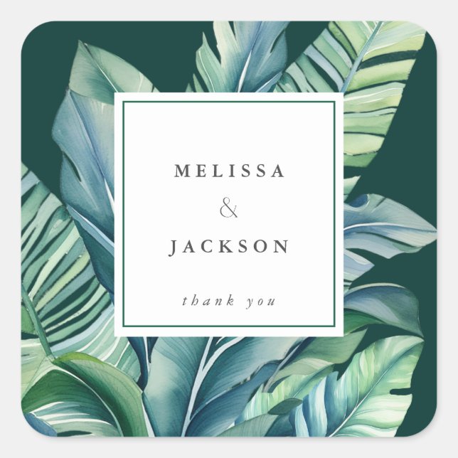 Wild and Tropical Leaves Exotic Foliage Green Square Sticker (Front)