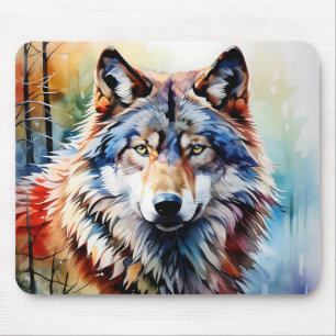 Wild and Vibrant Wolf Portrait in Watercolor Mouse Mat