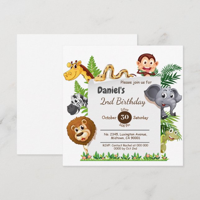 Wild animal adventure themed colourful 2nd birthda invitation (Front/Back)