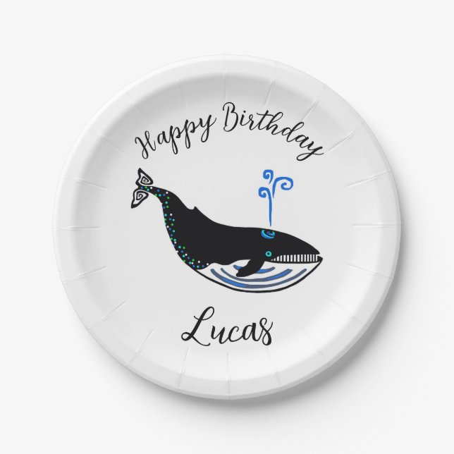 Wild animal - Blue WHALE - Happy Birthday- Party Paper Plate (Front)