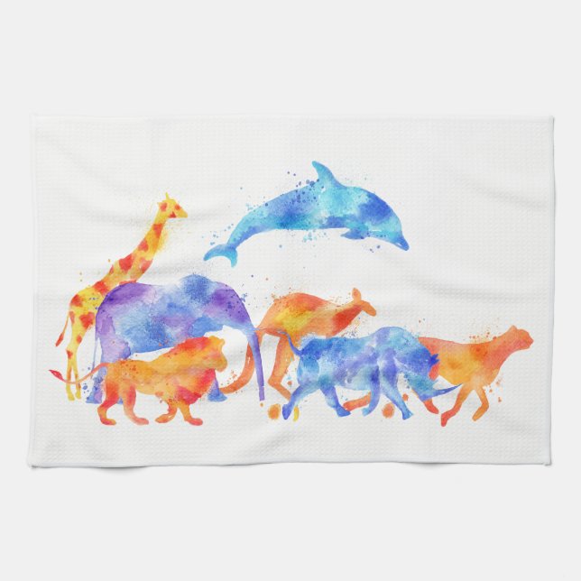 Wild Animal Group Colourful Watercolor Tea Towel (Horizontal)