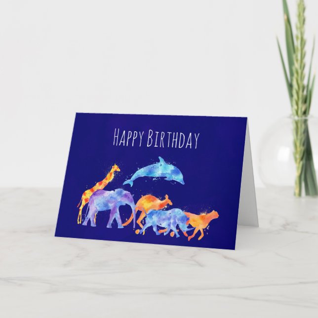 Wild Animal Herd Colourful Watercolor Birthday Card (Front)