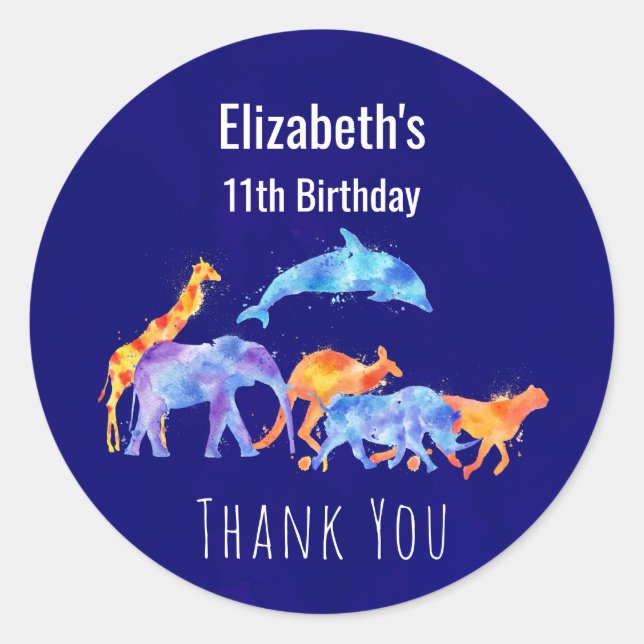 Wild Animal Herd Colourful Watercolor Birthday Classic Round Sticker (Front)