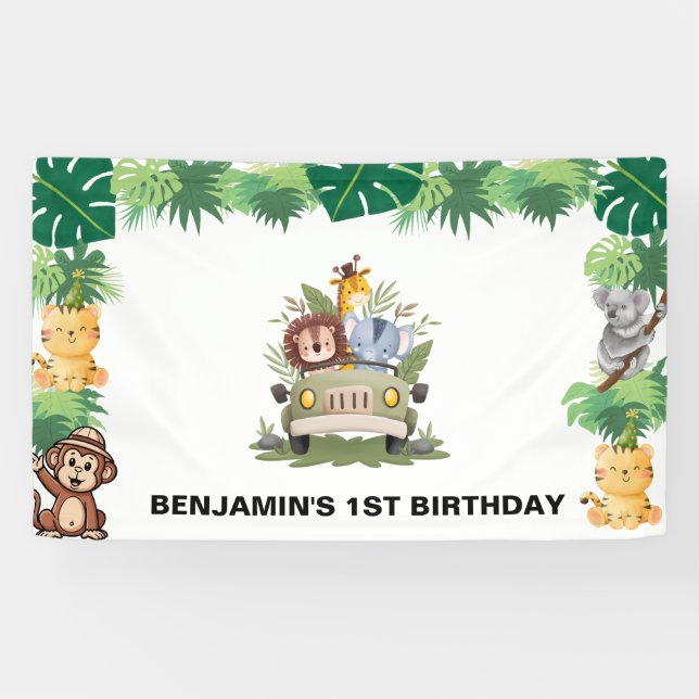 Wild animal jungle safari boy birthday parade banner (Horizontal)