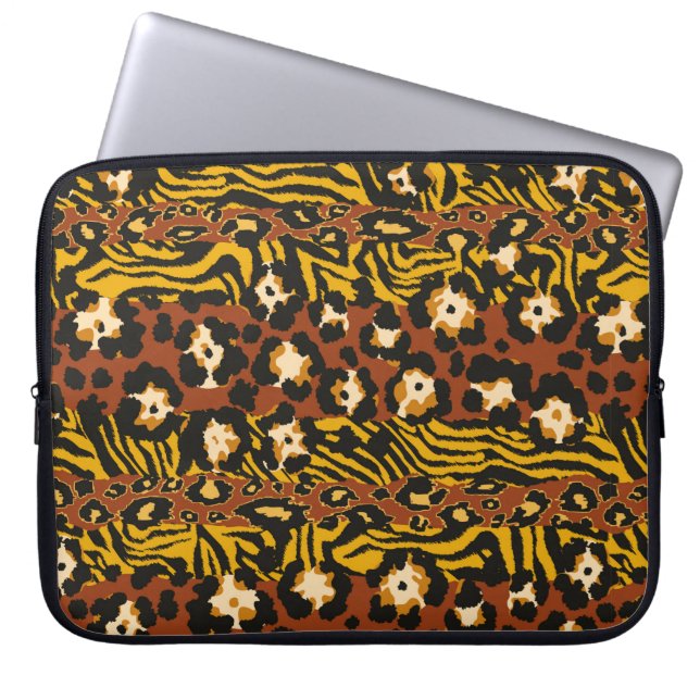 Wild animal leopard and tiger skins patchwork abst laptop sleeve (Front)