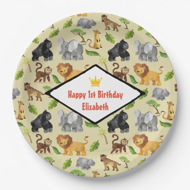 Wild Animal Safari Jungle Pattern Birthday Paper Plate (Front)