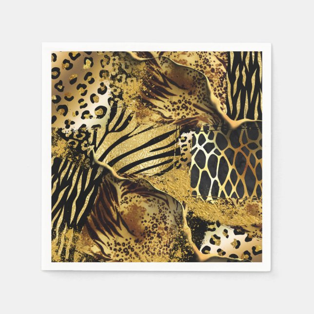 Wild animal safari skin print collage gold black napkin (Front)