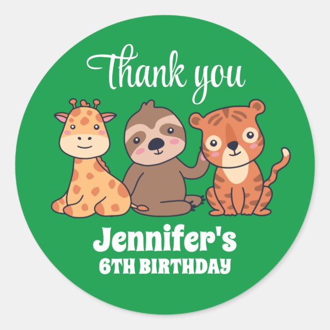 Wild Animal Sloth Tiger Giraffe Kid Birthday Party Classic Round Sticker (Front)